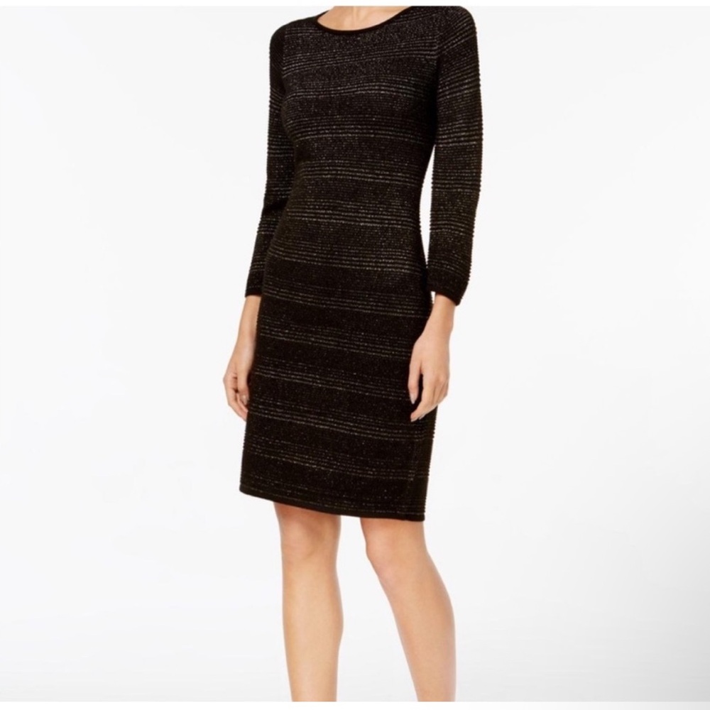 Calvin Klein Black Metallic-Thread Long-Sleeve Sheath Dress